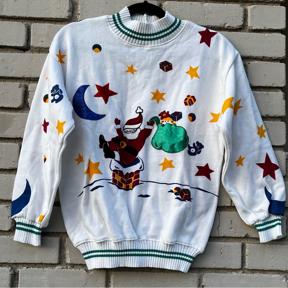 Vtg NWOT Pacer Petites Santa Christmas Shapes Sweater - Size Small Petite